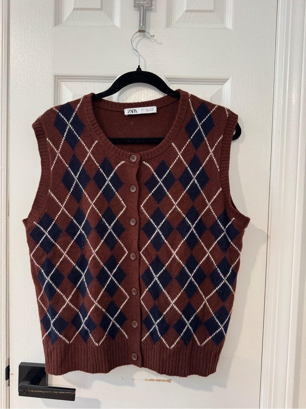 ZARA 100% Wool Argyle Button Front Sweater Vest – Size L